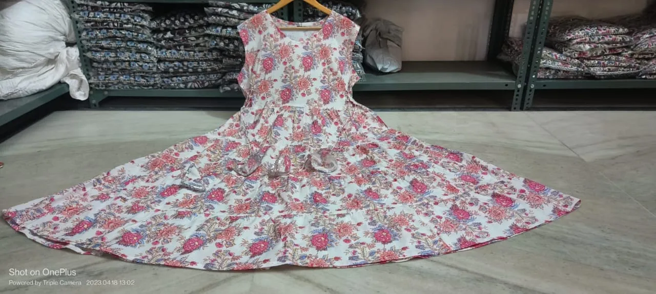 Pink and White Cotton Floral Maxi Dress