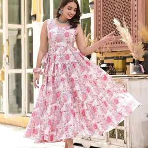Pink and White Cotton Floral Maxi Dress