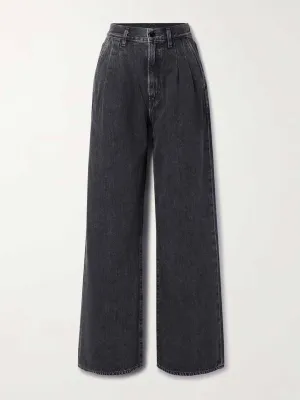 Pleated high-rise wide-leg jeans