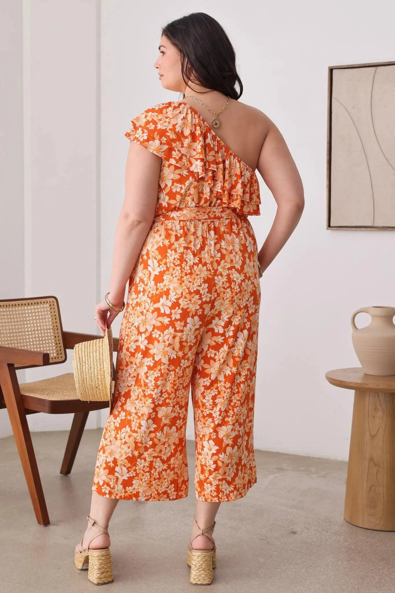Plus Size Floral One Ruffle Short Sleeve Front Tie Wide Leg Jumpsit