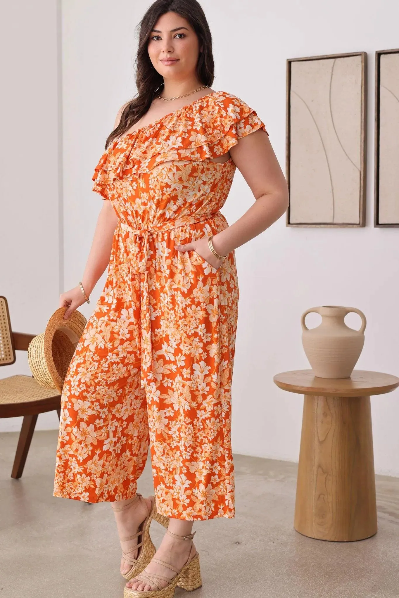 Plus Size Floral One Ruffle Short Sleeve Front Tie Wide Leg Jumpsit