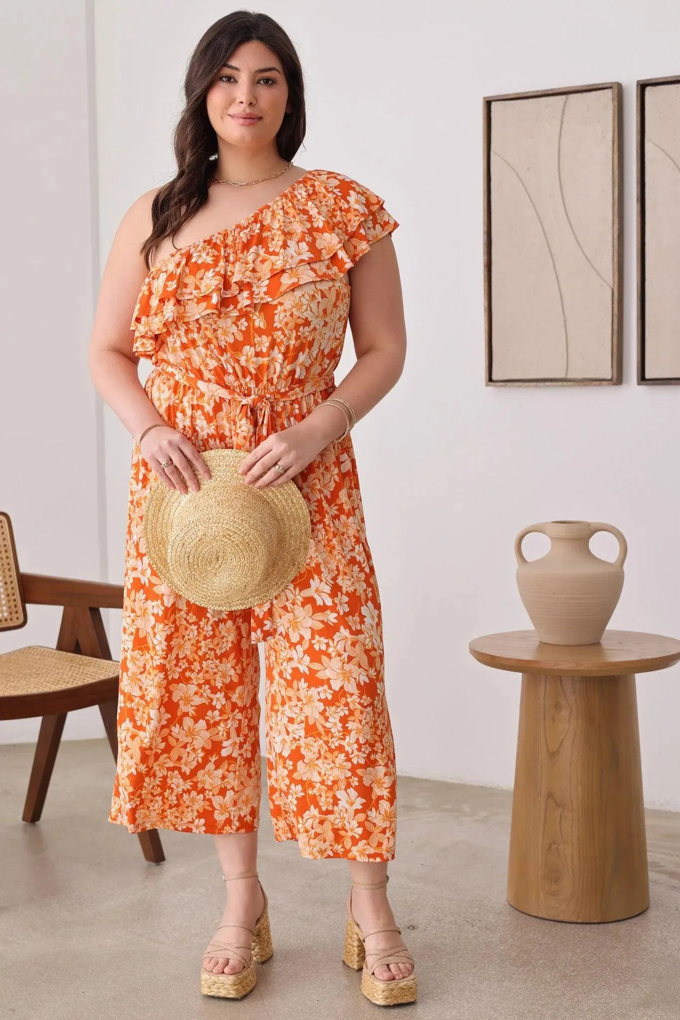 Plus Size Floral One Ruffle Short Sleeve Front Tie Wide Leg Jumpsit