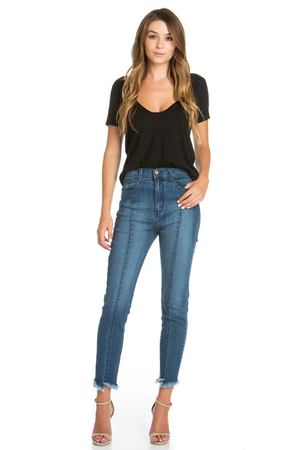 PS1117 Front Seam Jagged Hem Denim Skinny Jeans