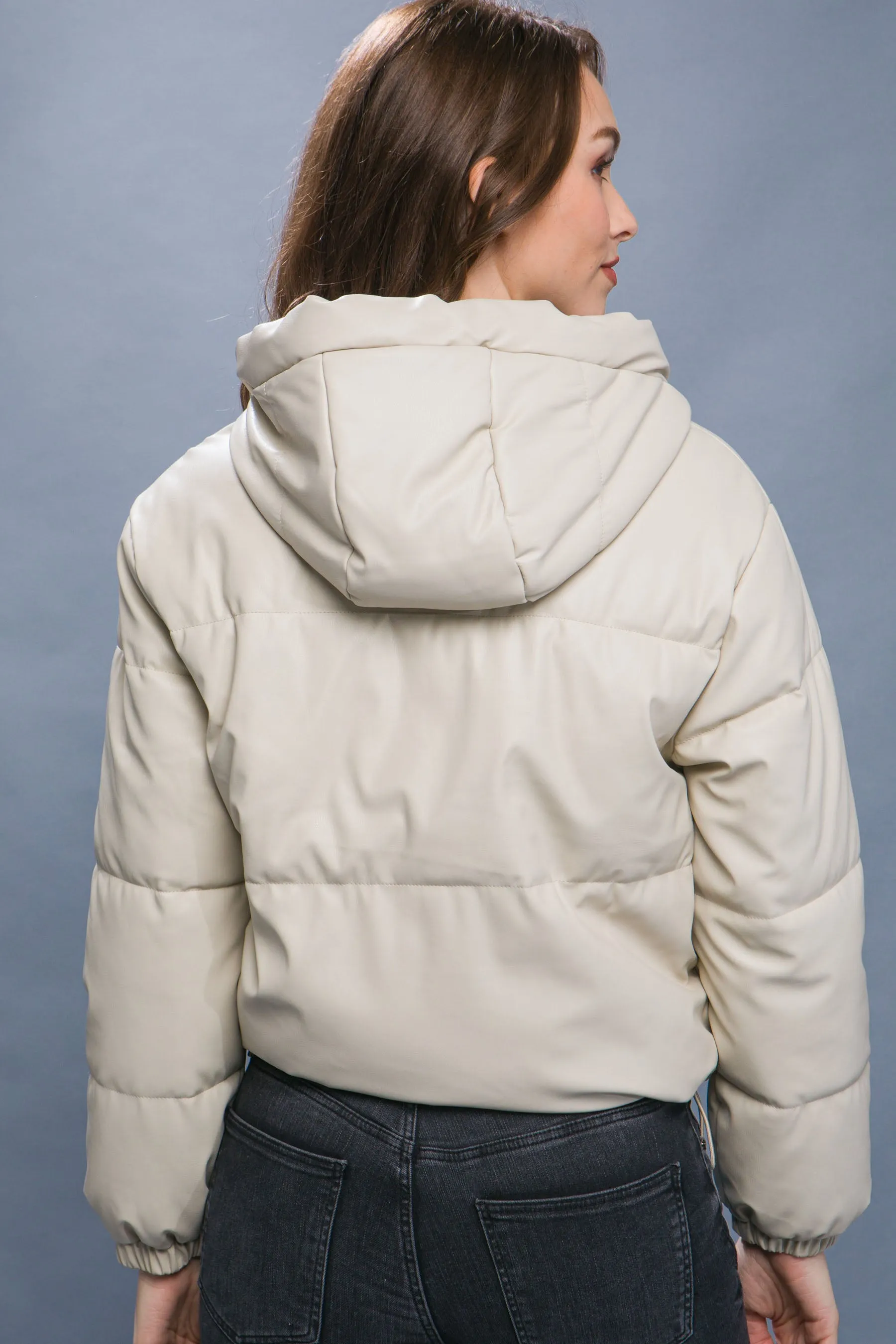 Pu Faux Leather Zipper Hooded Women's Puffer Jacket - 5 colors