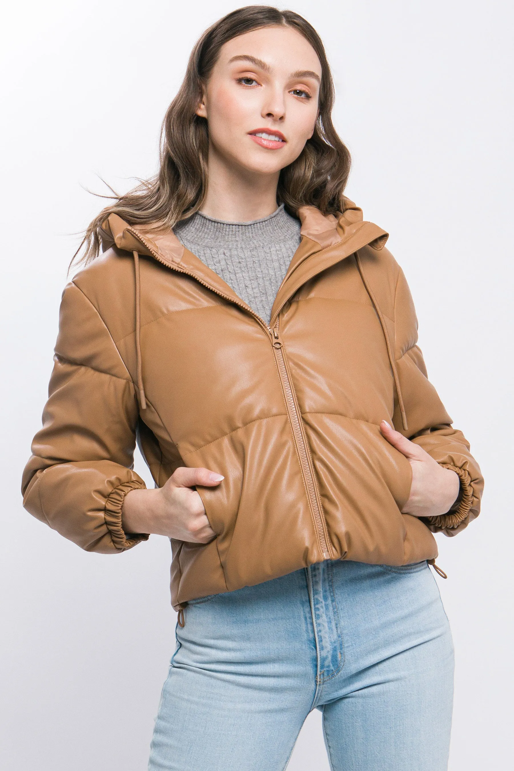 Pu Faux Leather Zipper Hooded Women's Puffer Jacket - 5 colors