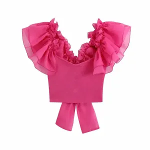 Puff Ruffle Sleeve Back Bow Blouse