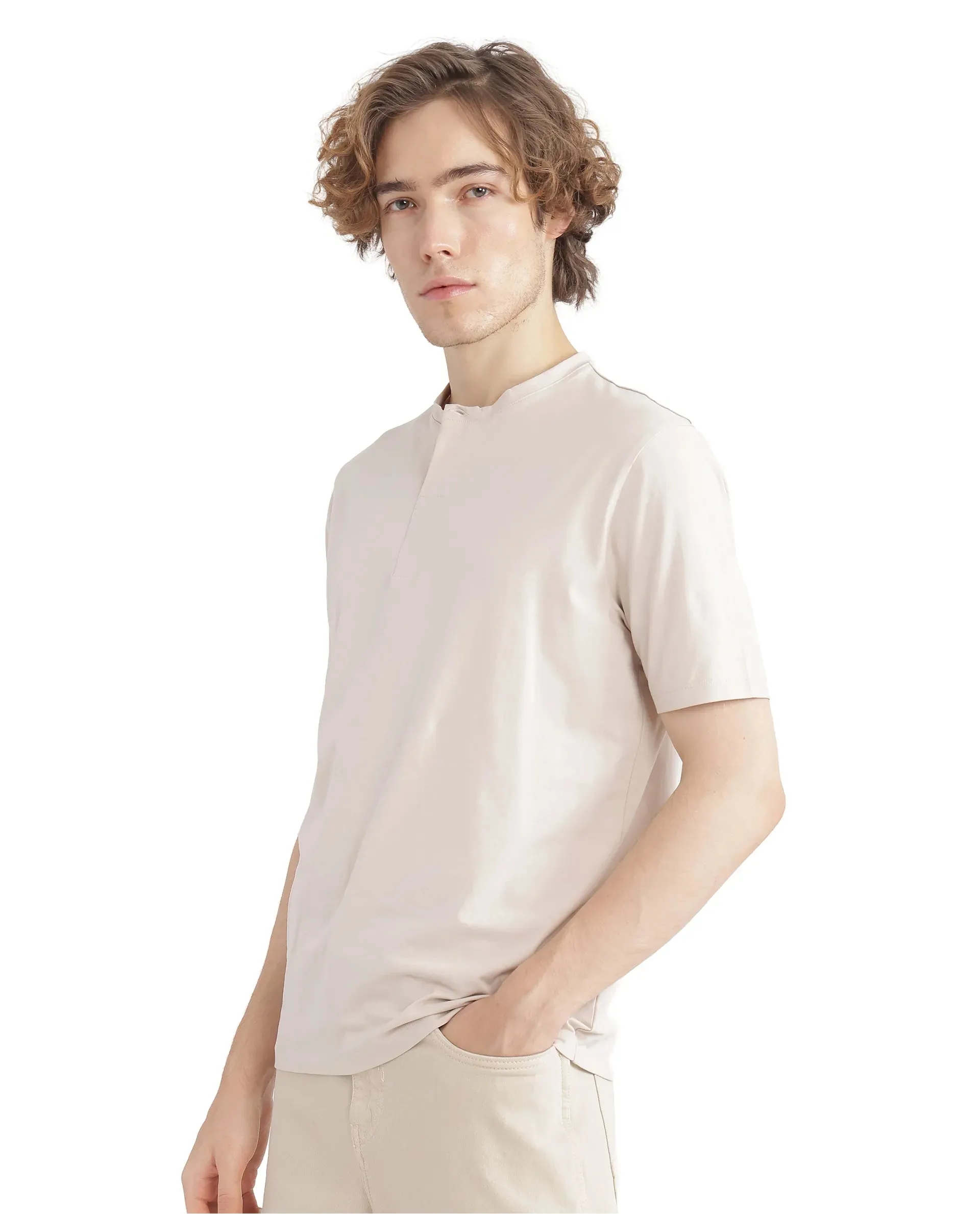 Rare Rabbit Men Purt Beige Cotton Blend Fabric Short Sleeve Crew Neck Plain T-Shirt