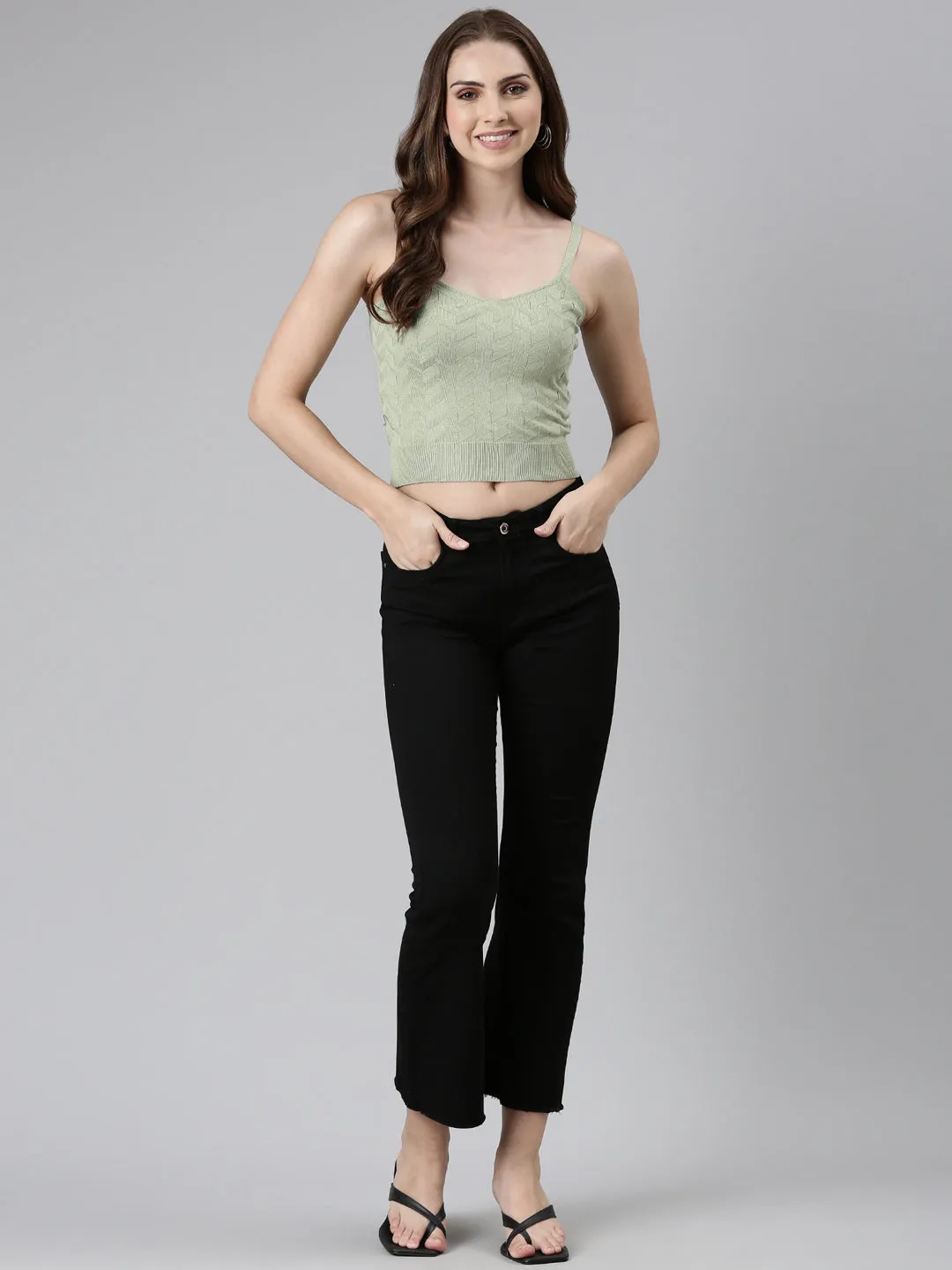 Shoulder Straps Solid Sleeveless Fitted Olive Crop Top