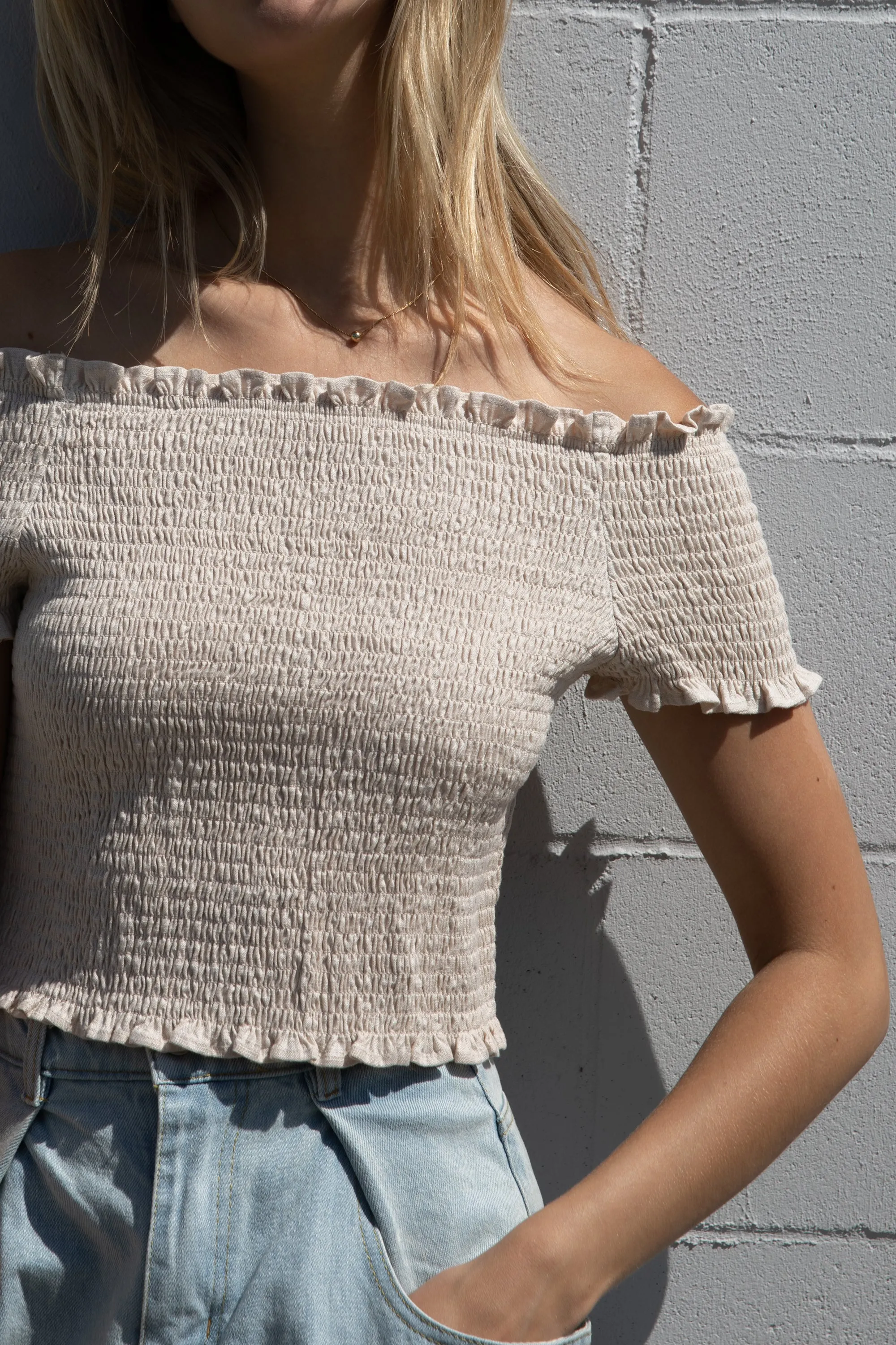 SMOCKED OFF SHOULDER TOP