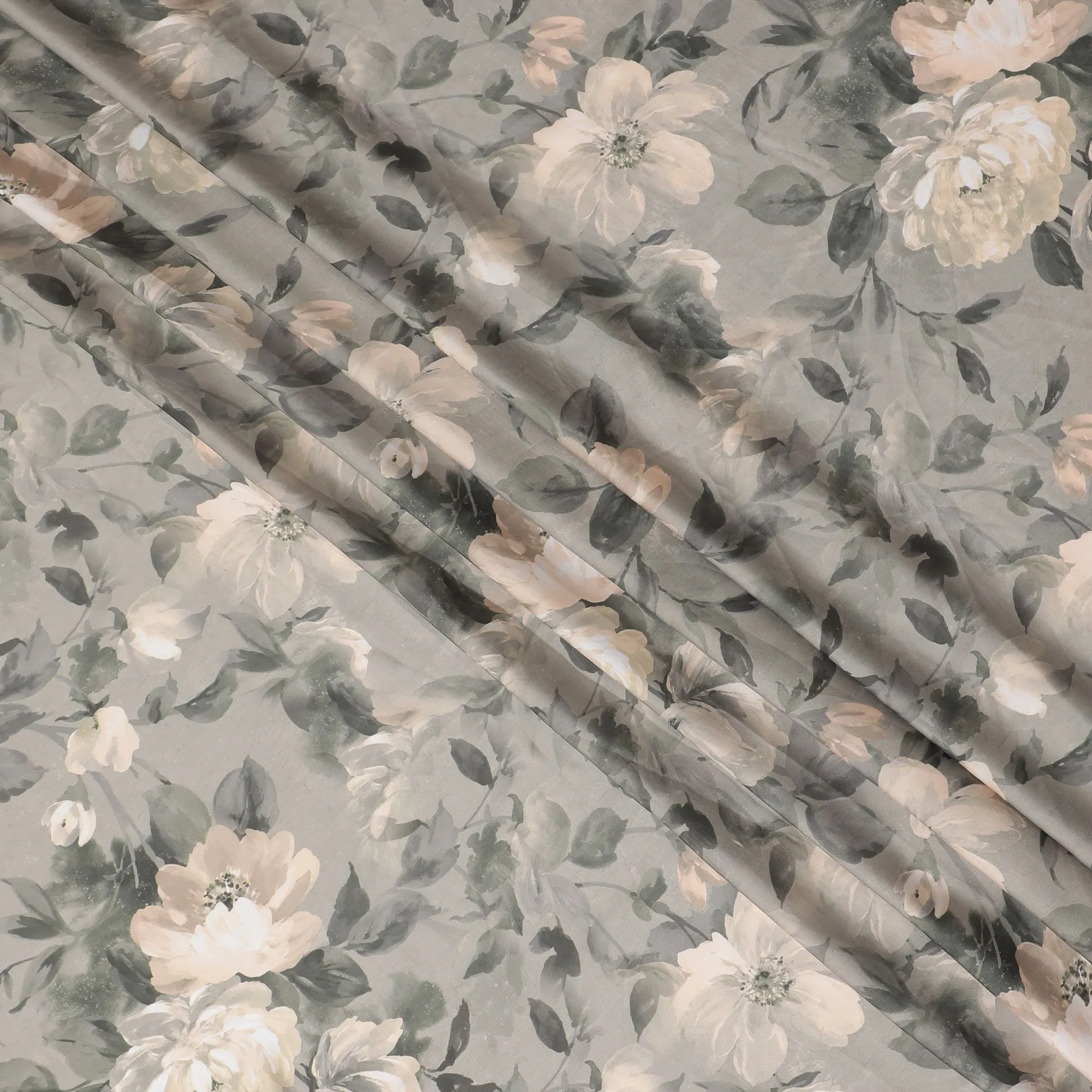Sophisticated Ivory Floral Synthetic Modal Satin Fabric - Elegant Design, 110cm - Shop Online-D17978