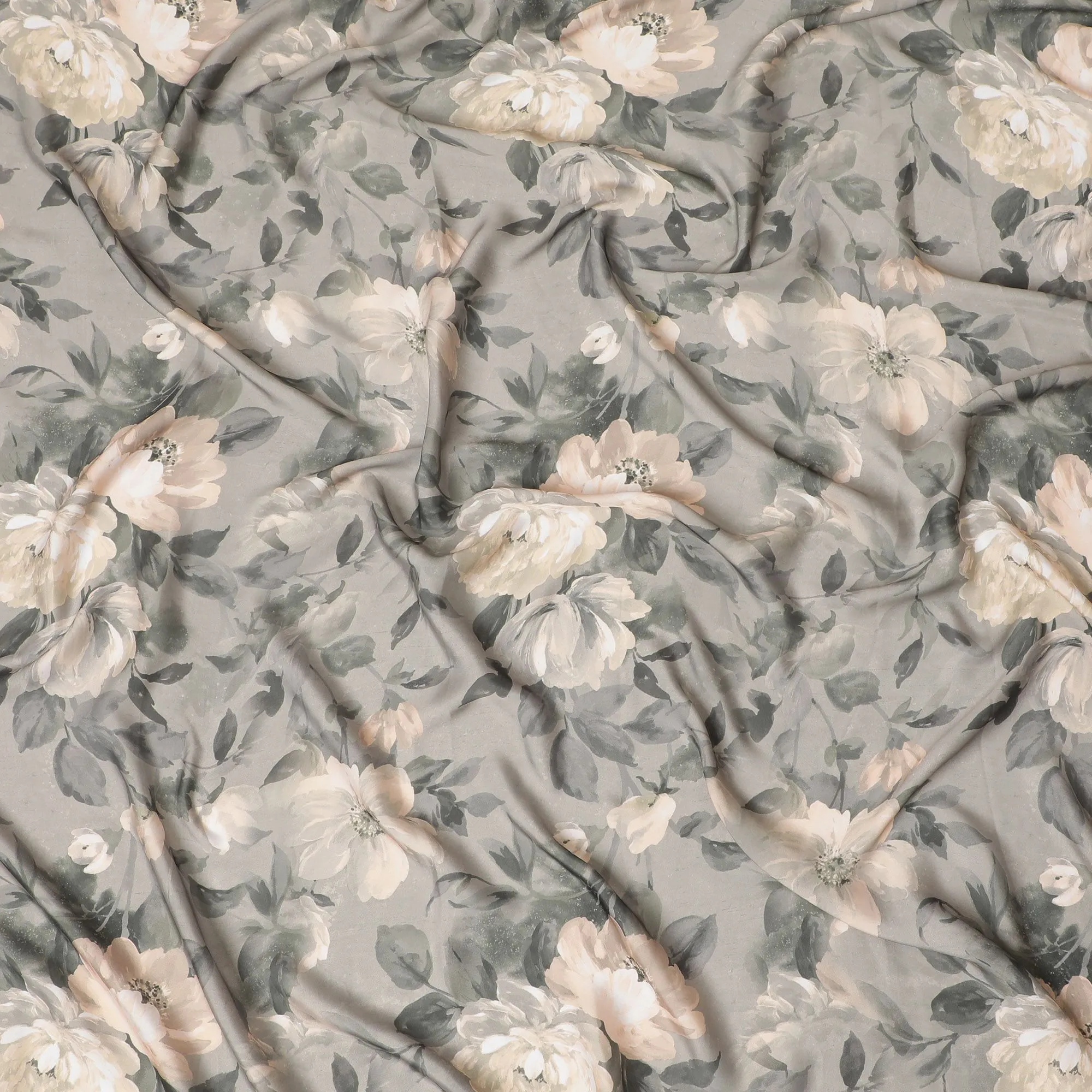 Sophisticated Ivory Floral Synthetic Modal Satin Fabric - Elegant Design, 110cm - Shop Online-D17978