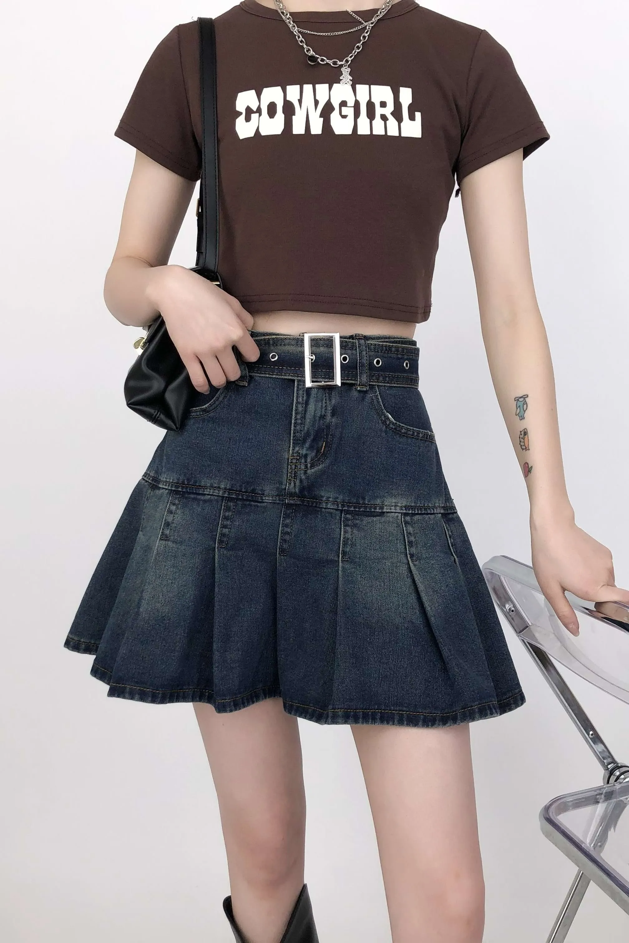 Tier Pleated Mini Denim Skirt with Belt