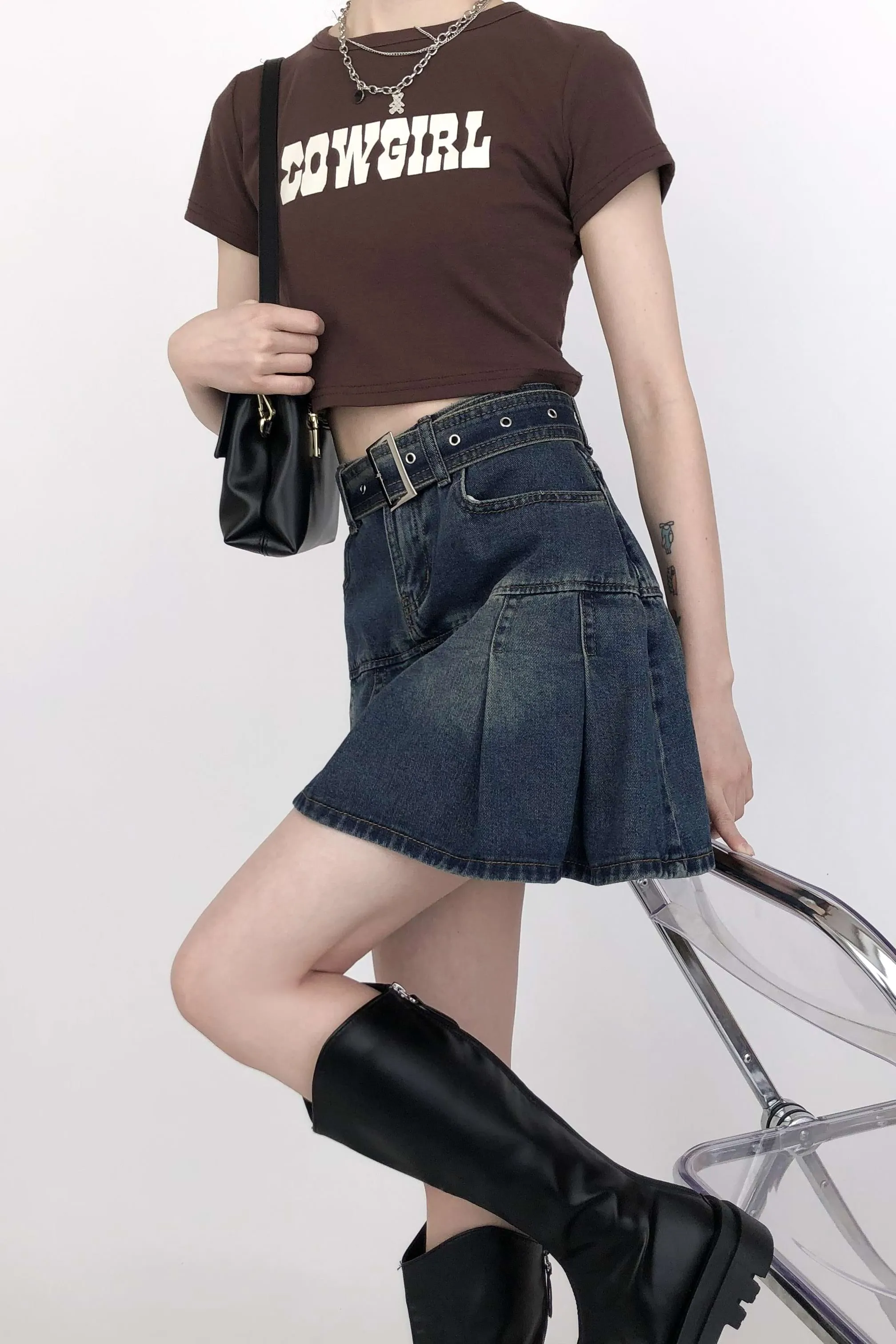Tier Pleated Mini Denim Skirt with Belt