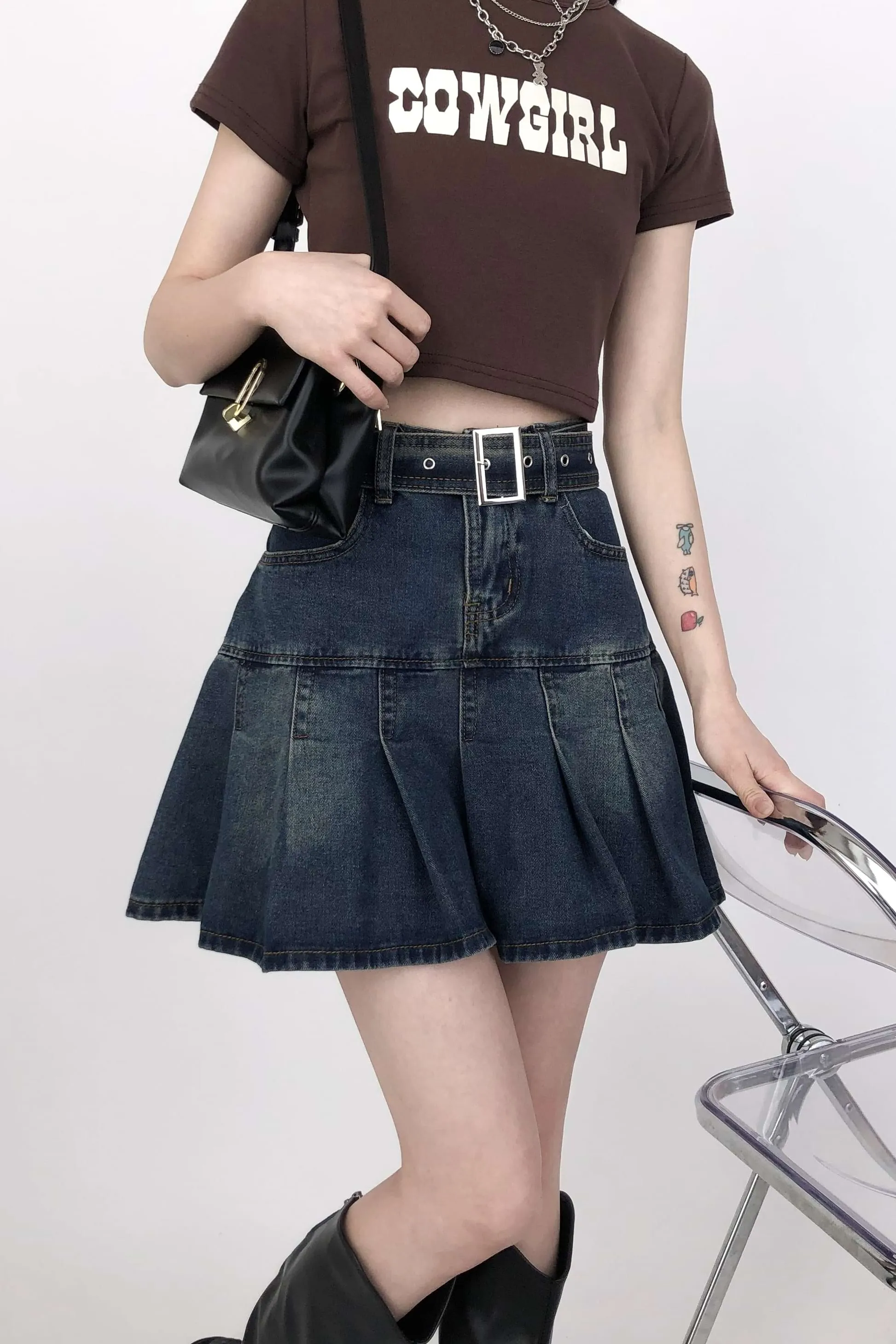 Tier Pleated Mini Denim Skirt with Belt