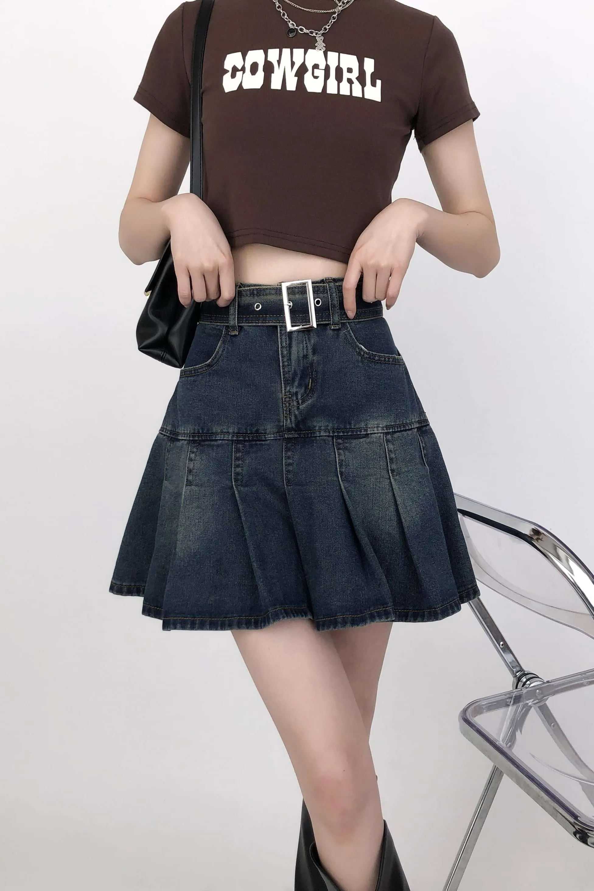 Tier Pleated Mini Denim Skirt with Belt