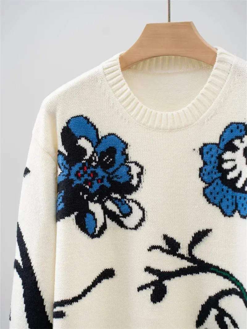 Trend4us Floral Bird Jacquard Knit Sweater