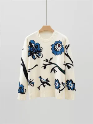 Trend4us Floral Bird Jacquard Knit Sweater