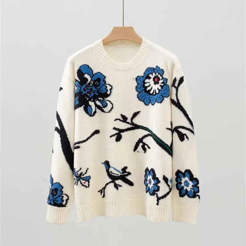 Trend4us Floral Bird Jacquard Knit Sweater
