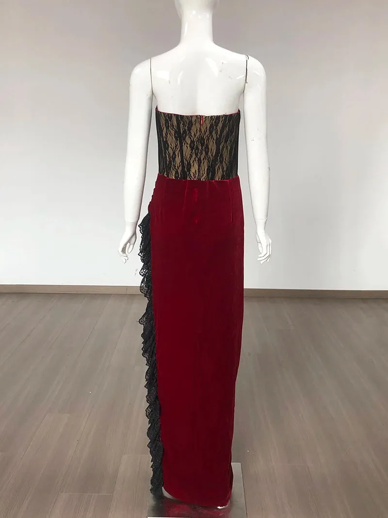 Trend4us Women’s Strapless Lace and Velvet Slit Gown