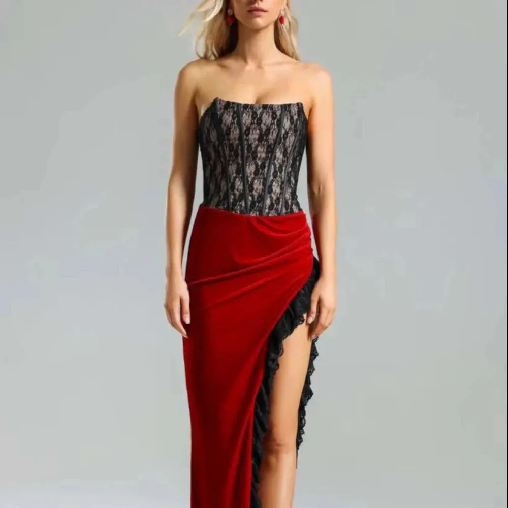 Trend4us Women’s Strapless Lace and Velvet Slit Gown