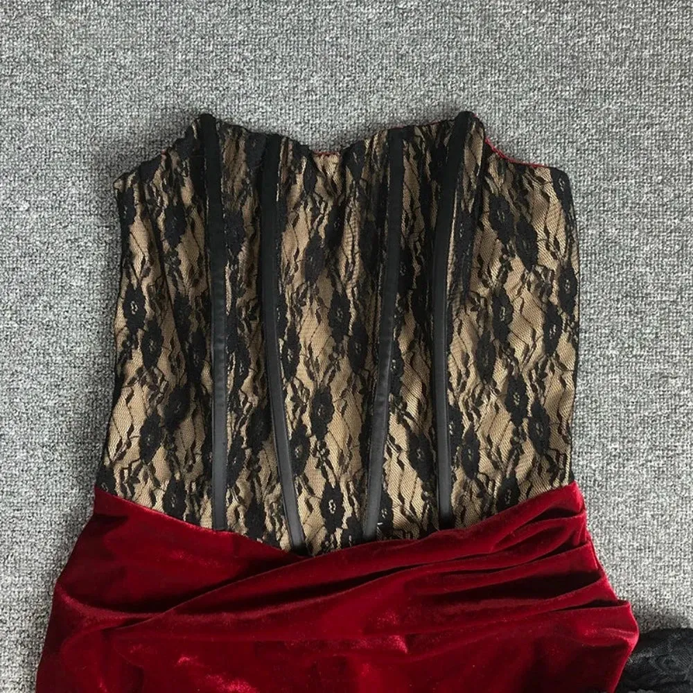 Trend4us Women’s Strapless Lace and Velvet Slit Gown