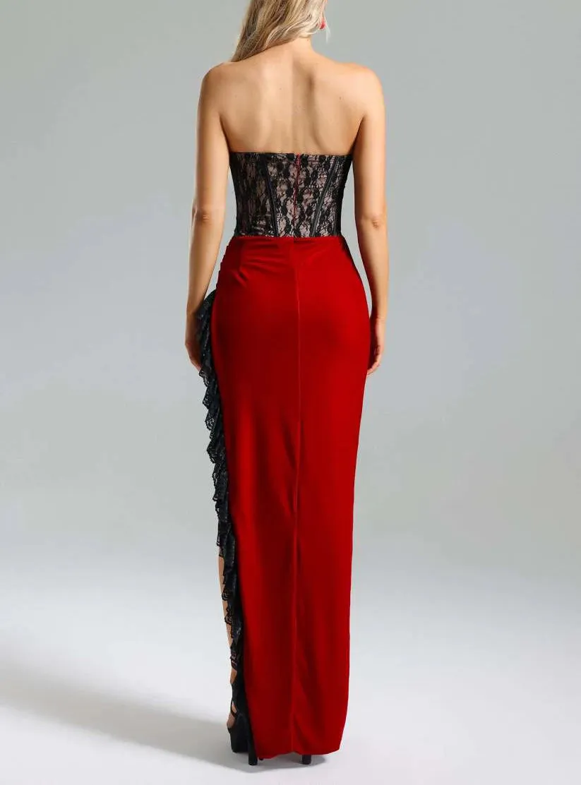 Trend4us Women’s Strapless Lace and Velvet Slit Gown