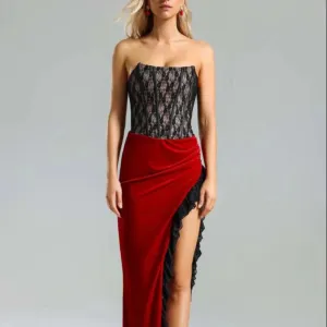 Trend4us Women’s Strapless Lace and Velvet Slit Gown