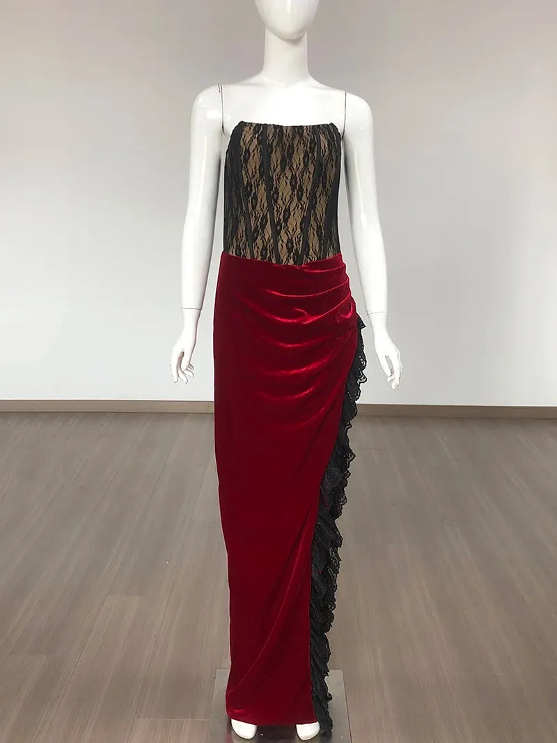 Trend4us Women’s Strapless Lace and Velvet Slit Gown