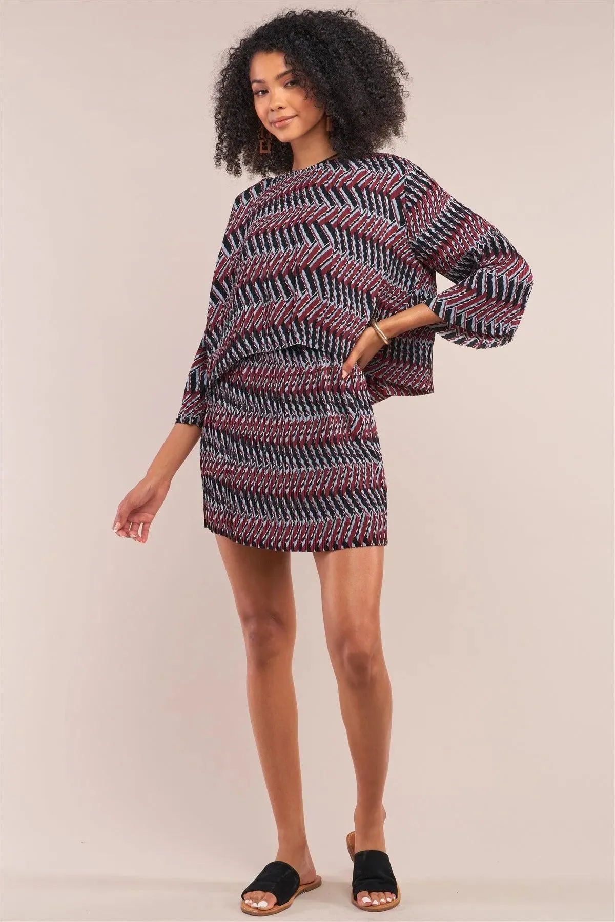 Wine Multi Print Pleated Midi Sleeve Top And Mini Skirt Two-Piece Set /1-2-2-1