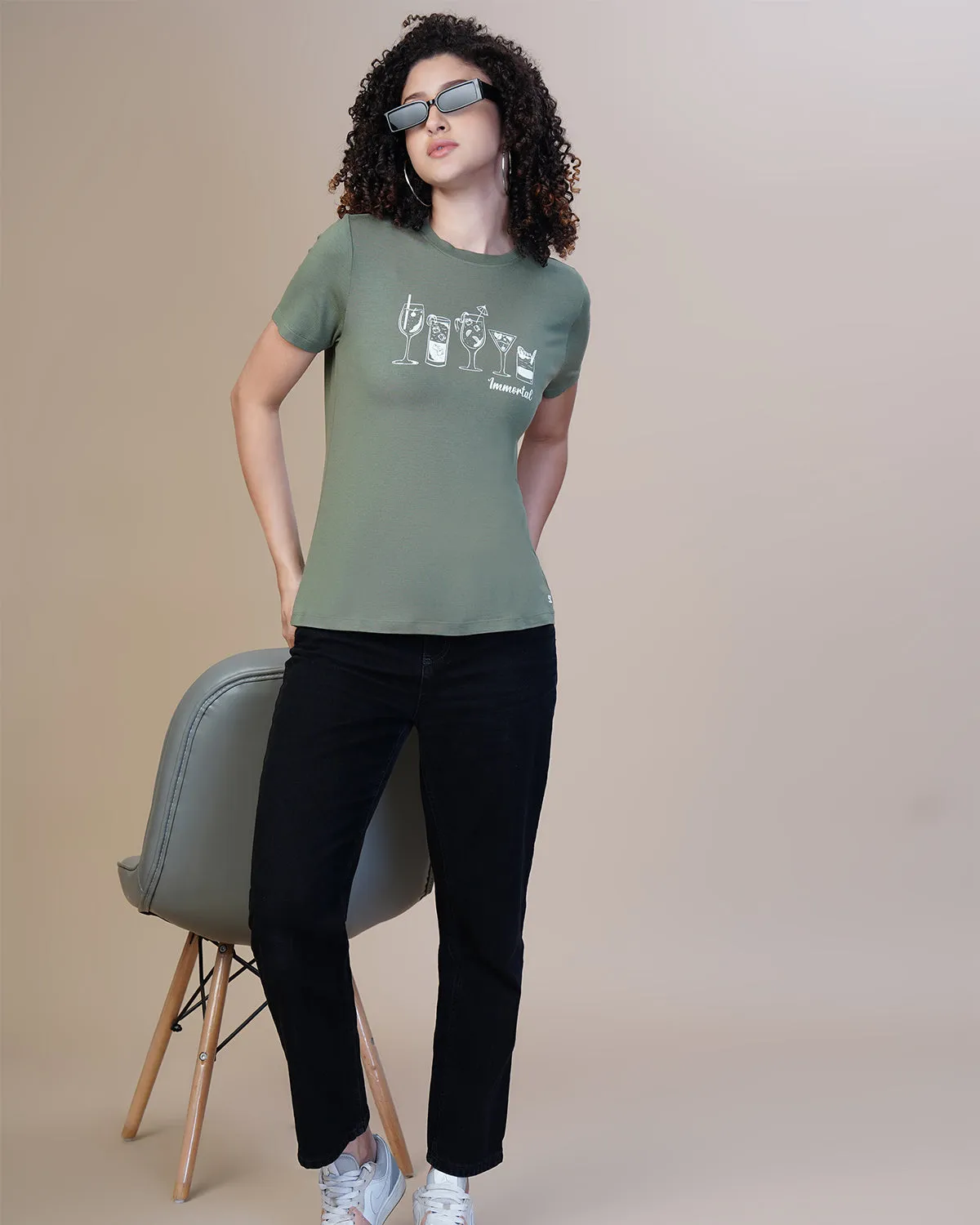 WOMEN OLIVE PRINTED ROUND NECK T-SHIRT