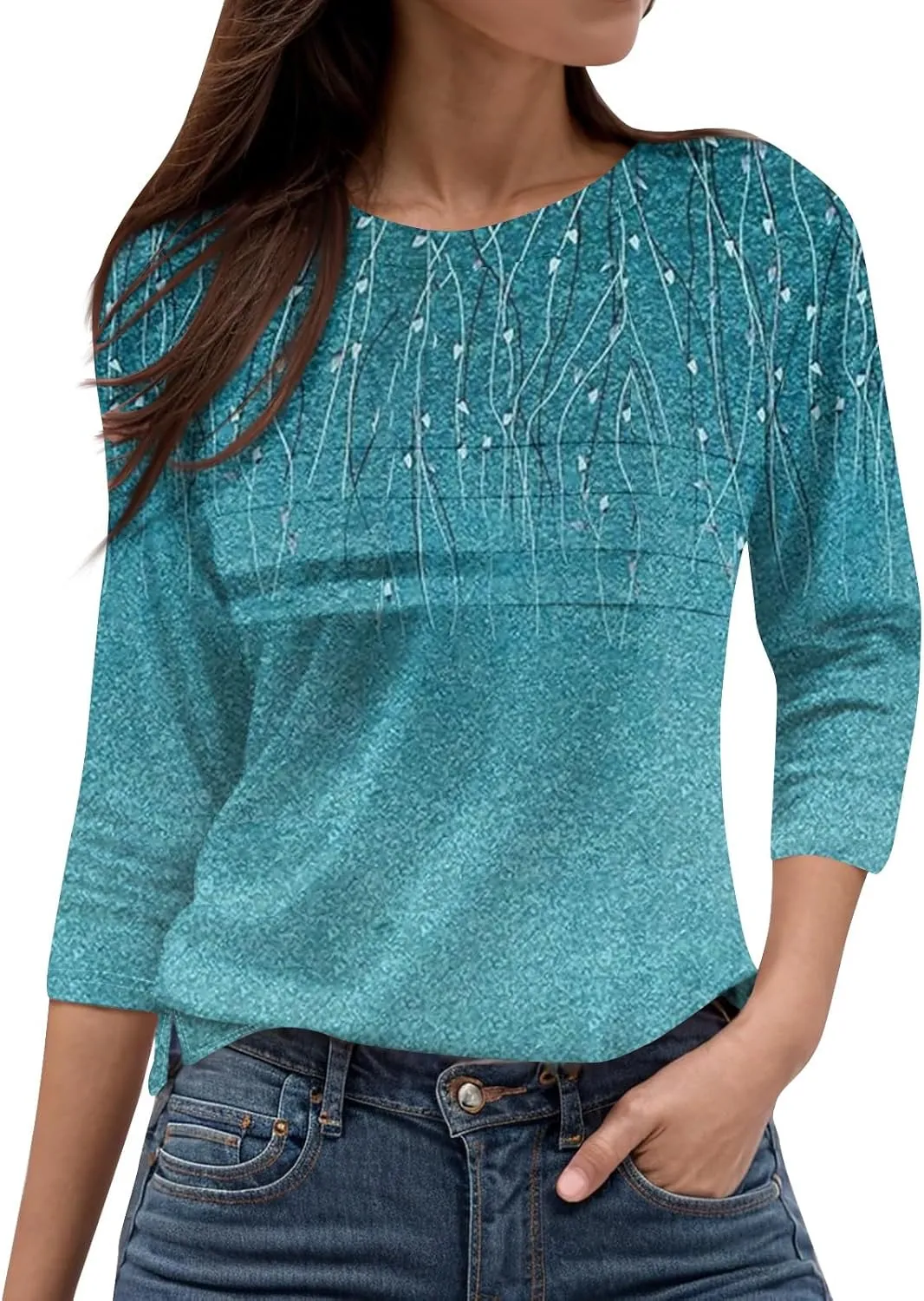 Womens 3/4 Length Sleeve Tops Casual Crewneck Pleated T-Shirts Loose Fit Fashion Tunic Tops