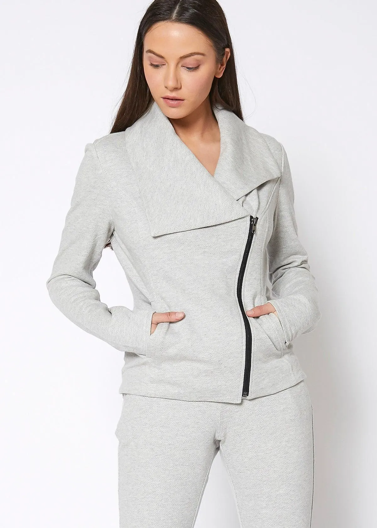 Women's Oversized Collar Zip-Up Moto Jacket In Heather Grey
