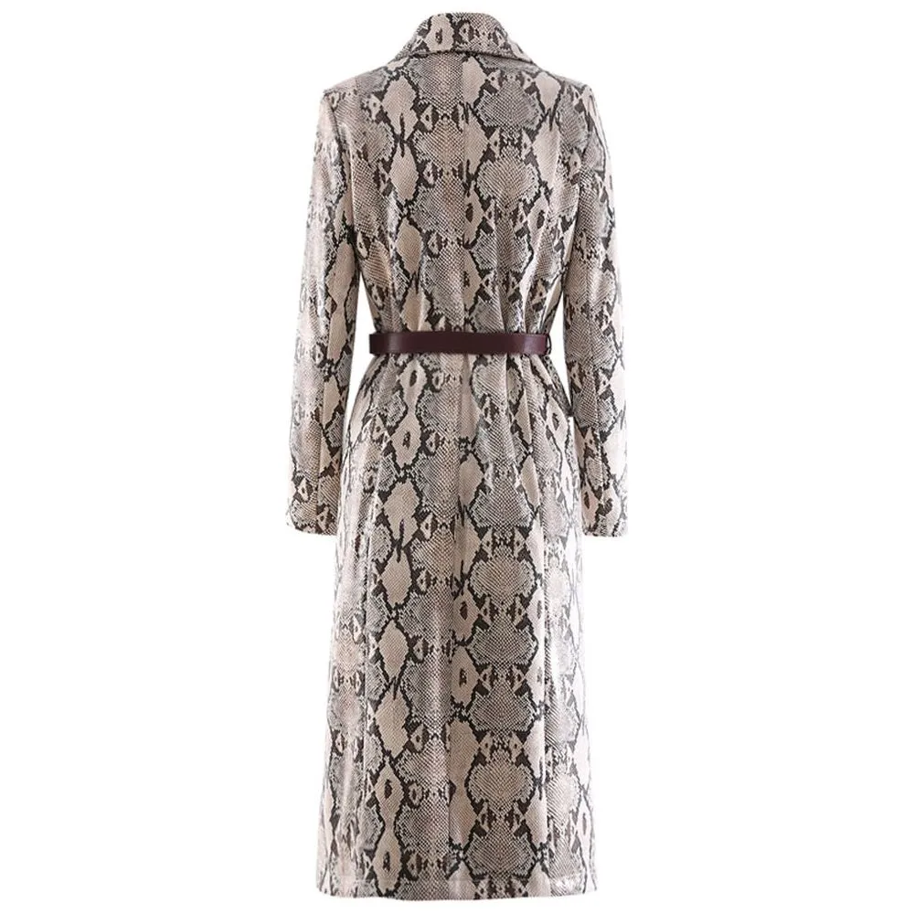 Women's Snake Print Belted Long Retro Eco Leather Trench Coat