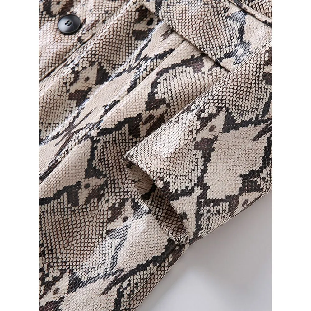 Women's Snake Print Belted Long Retro Eco Leather Trench Coat