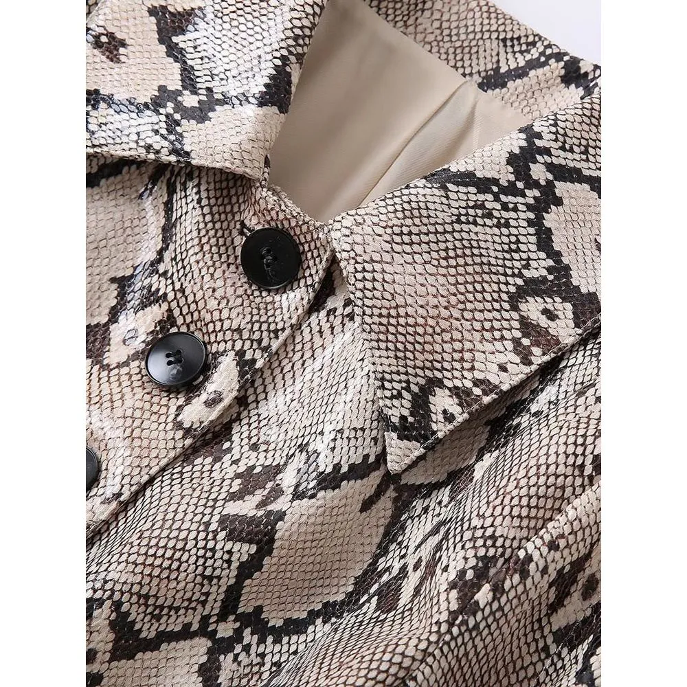Women's Snake Print Belted Long Retro Eco Leather Trench Coat