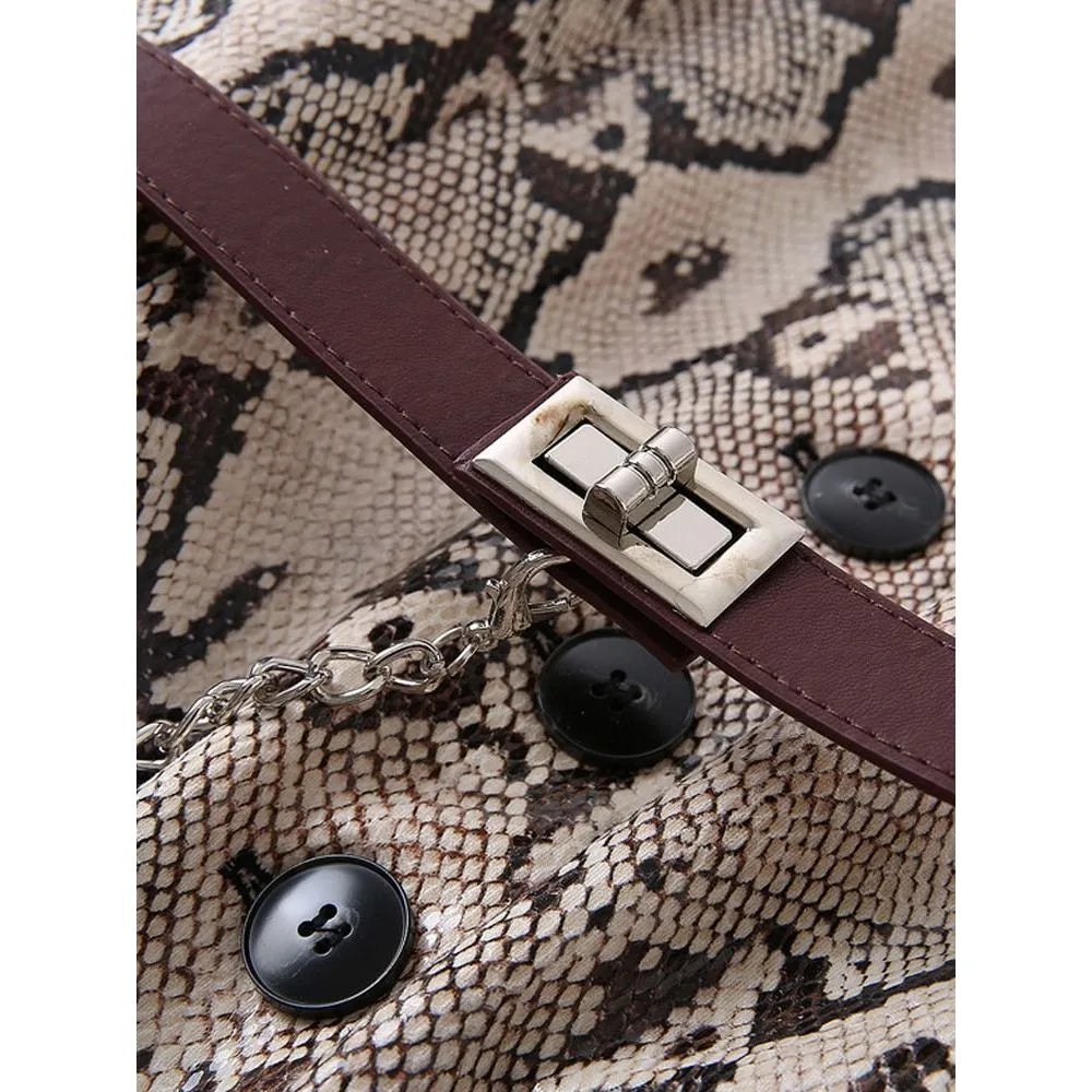 Women's Snake Print Belted Long Retro Eco Leather Trench Coat