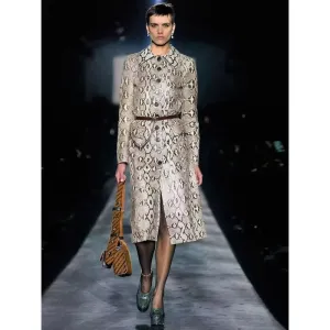 Women's Snake Print Belted Long Retro Eco Leather Trench Coat
