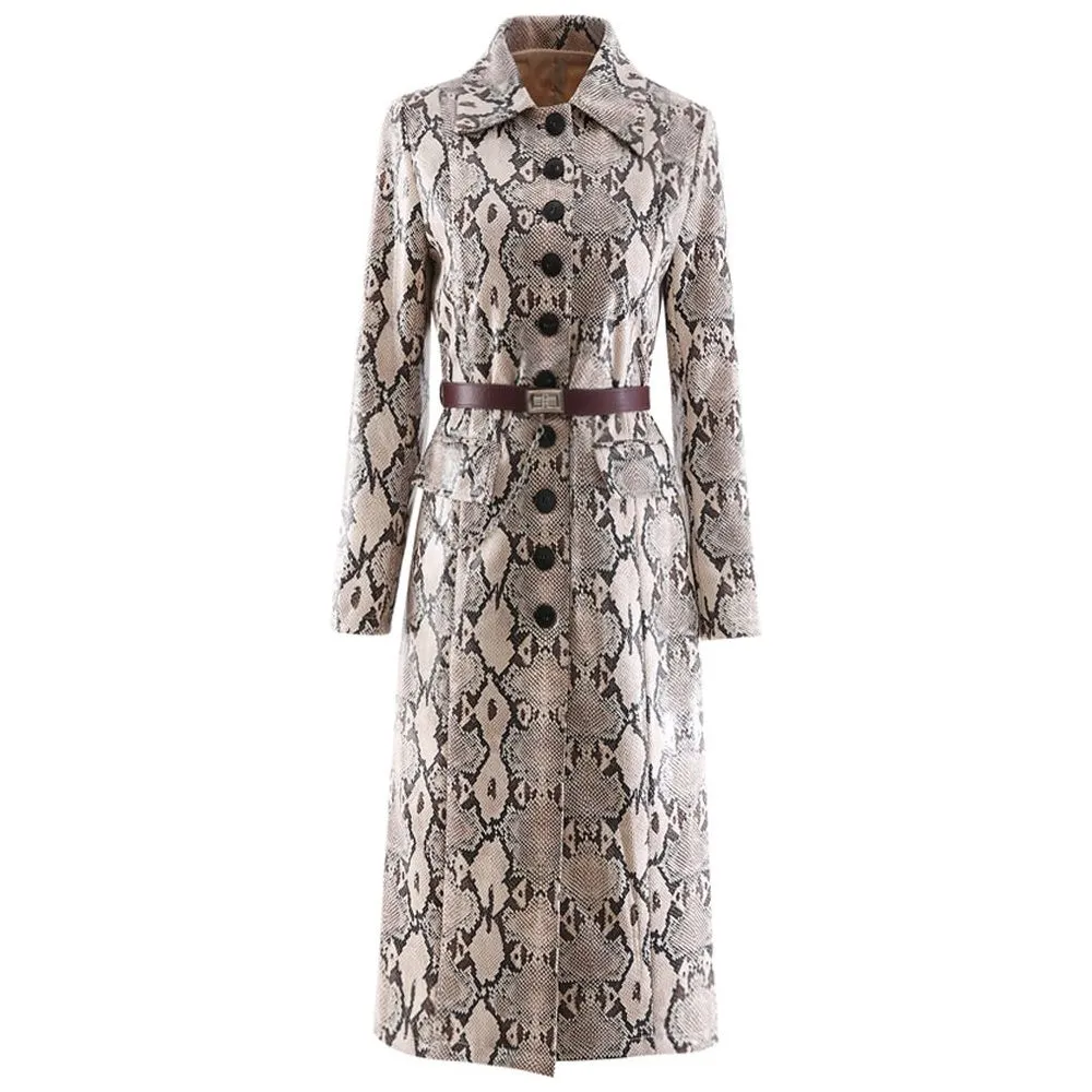 Women's Snake Print Belted Long Retro Eco Leather Trench Coat
